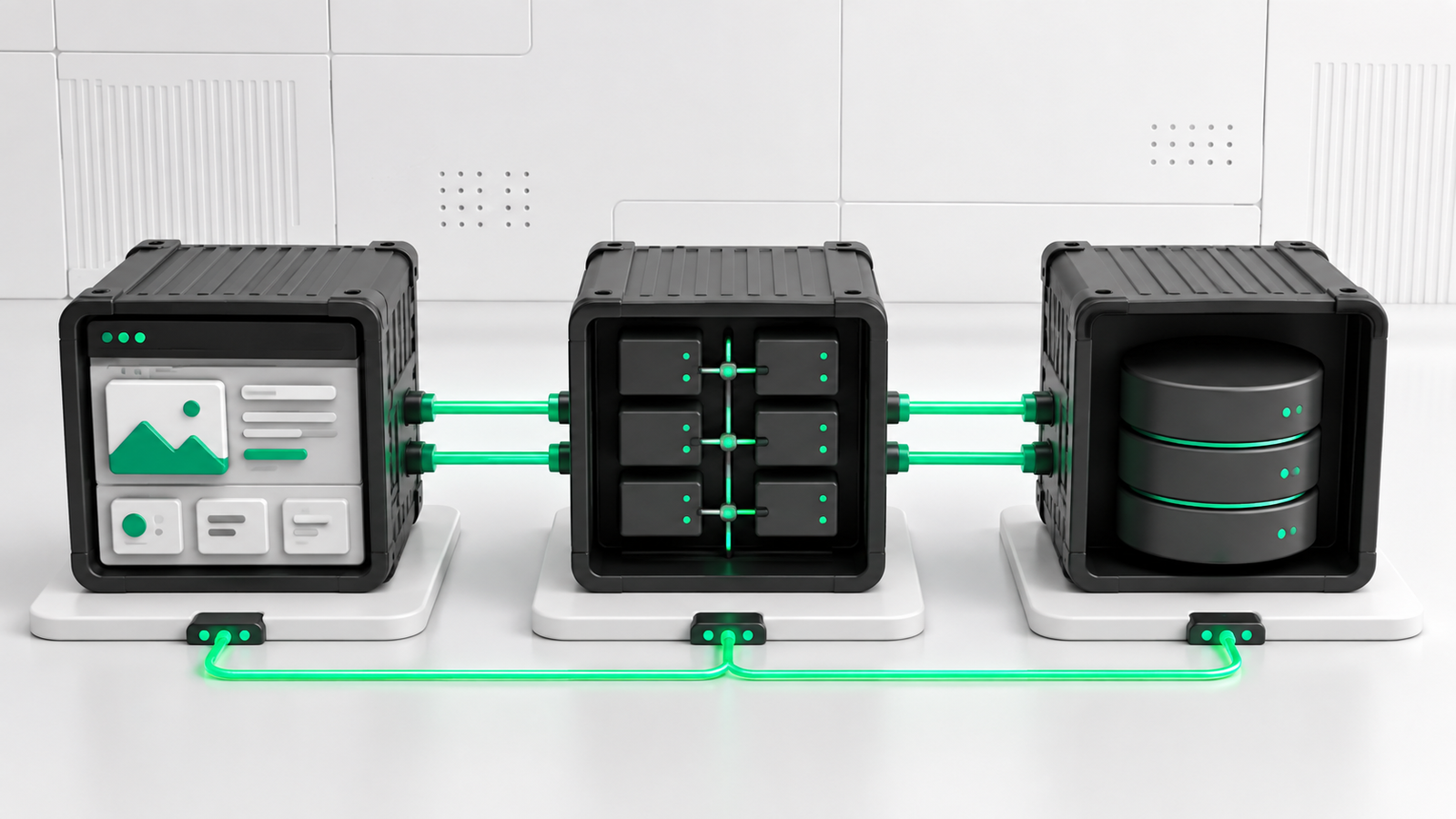 Abstract full-stack application, service, and database containers connected together